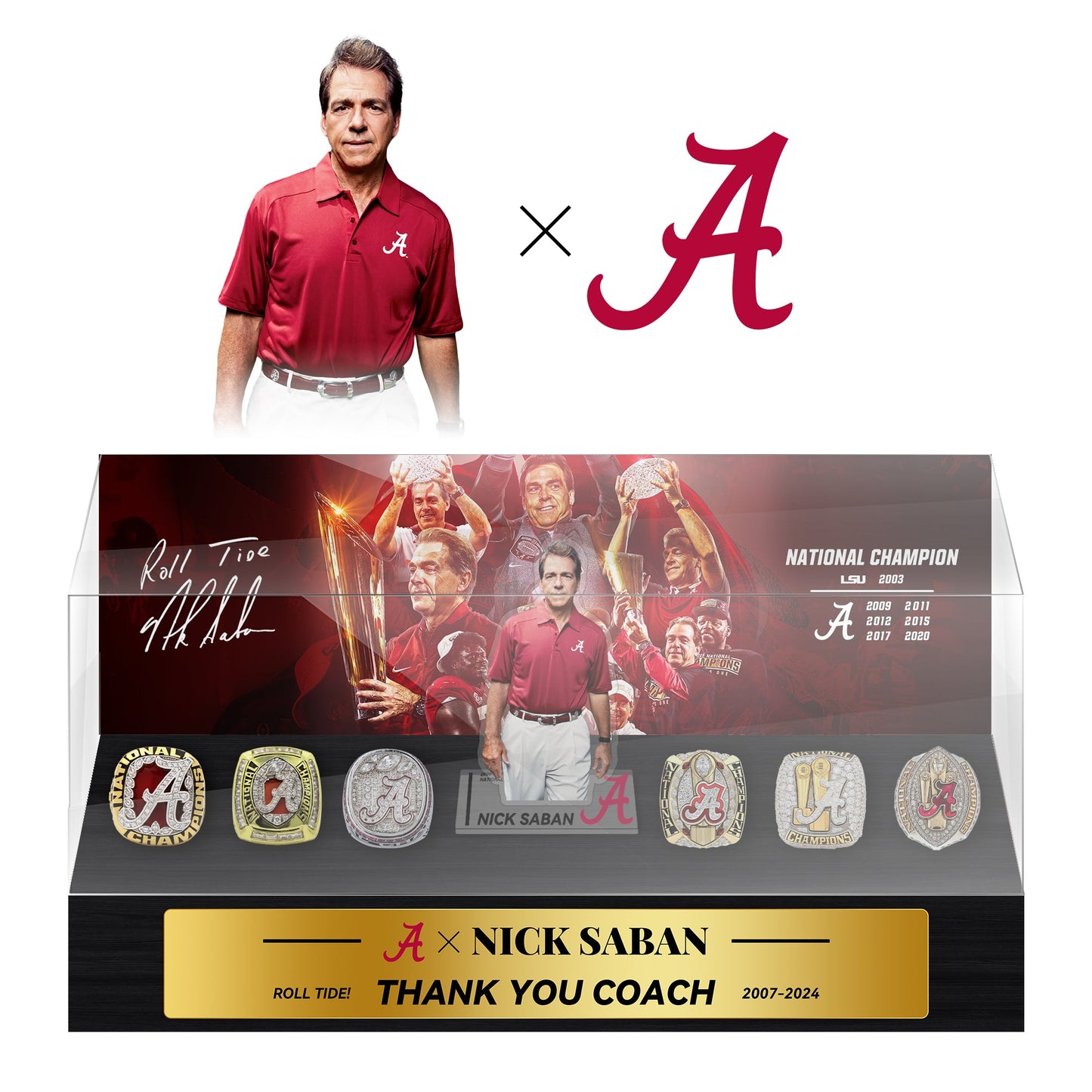 Nick Saban Alabama Crimson Tide Football Championship Trophy Ring Display Case