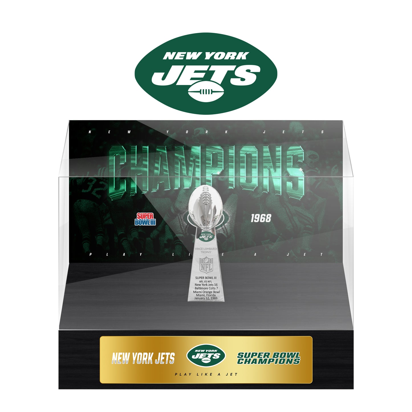 New York Jets Super Bowl Championship Trophy Ring Display Case