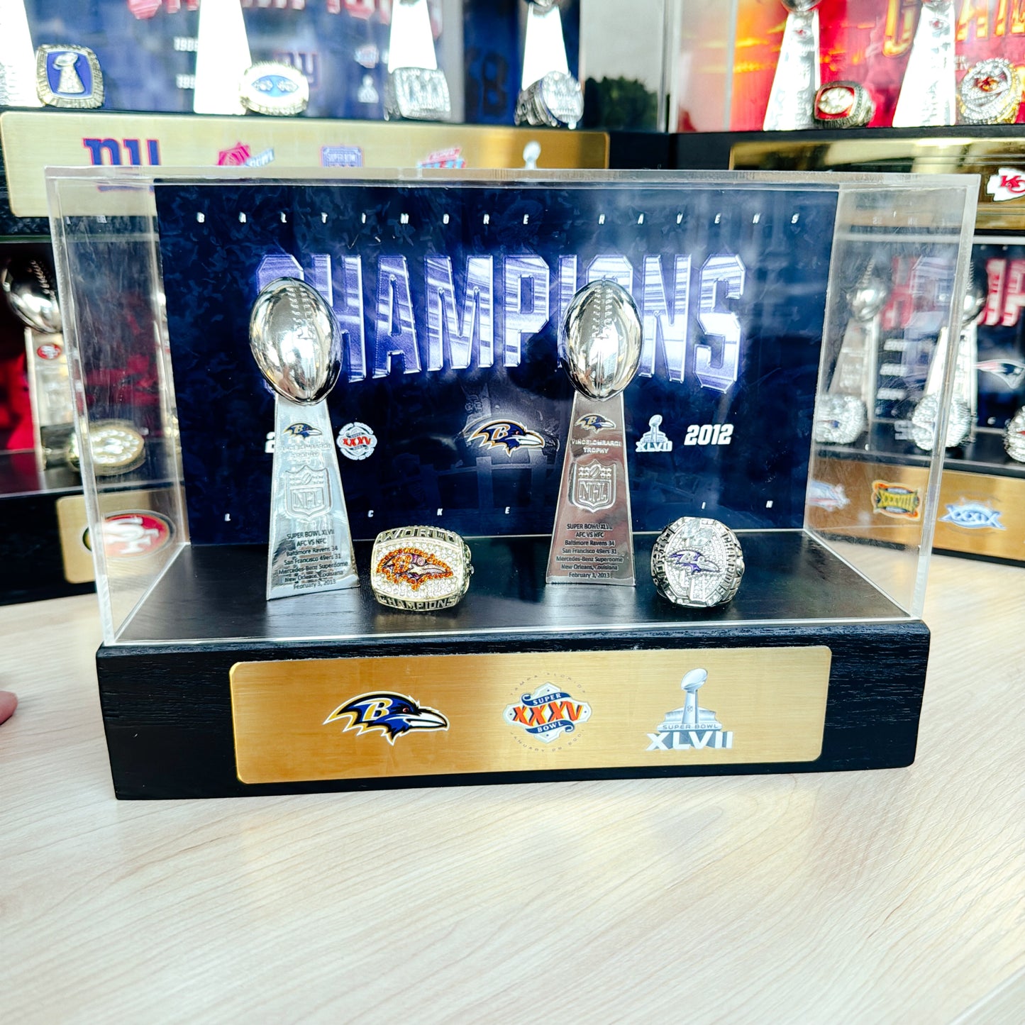 Baltimore Ravens Super Bowl Championship Trophy Ring Display Case