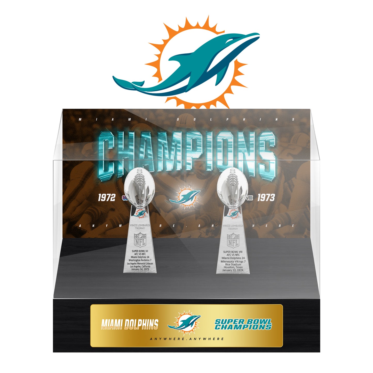 Miami Dolphins Super Bowl Championship Trophy Ring Display Case