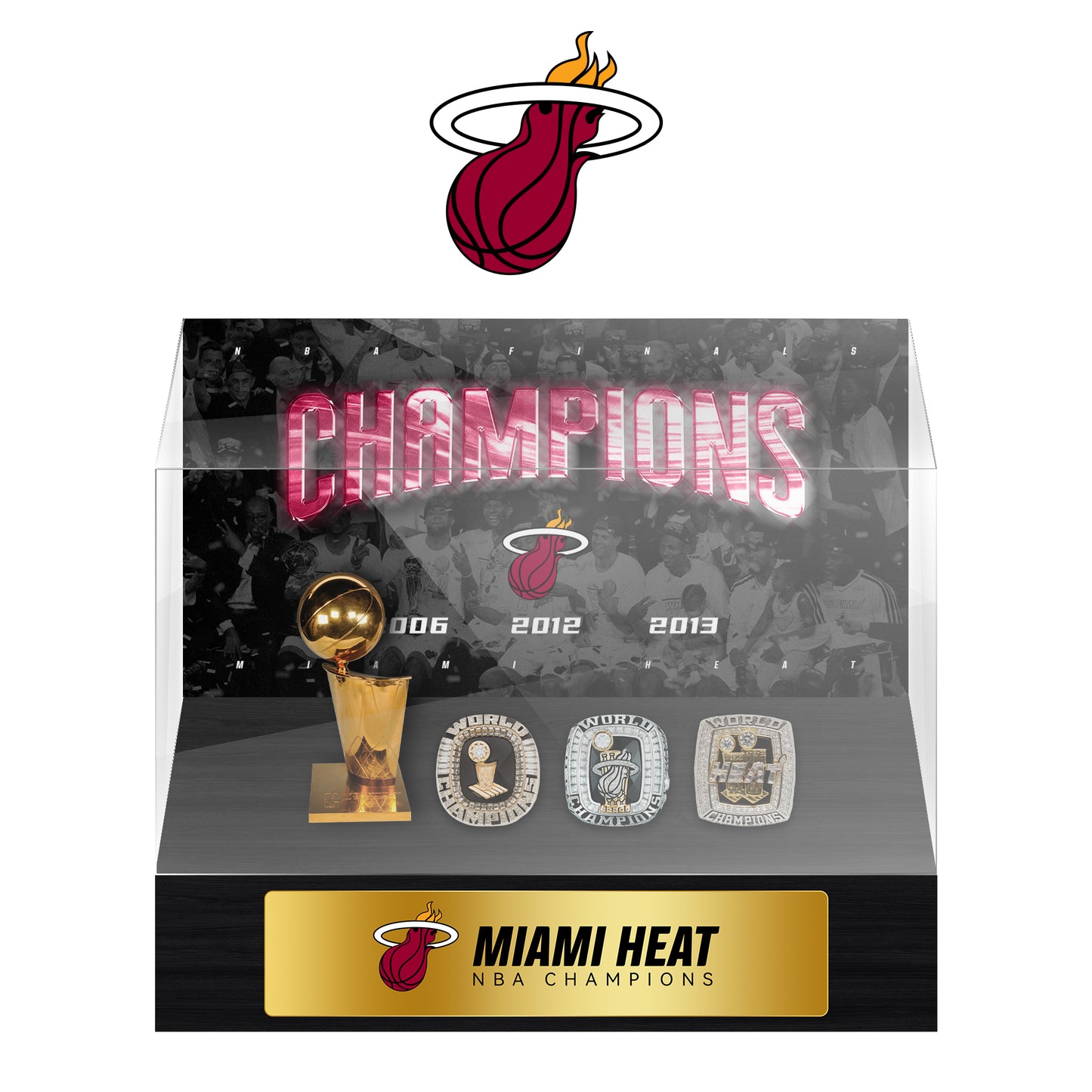 Miami Heat NBA Trophy And Ring Display Case SET