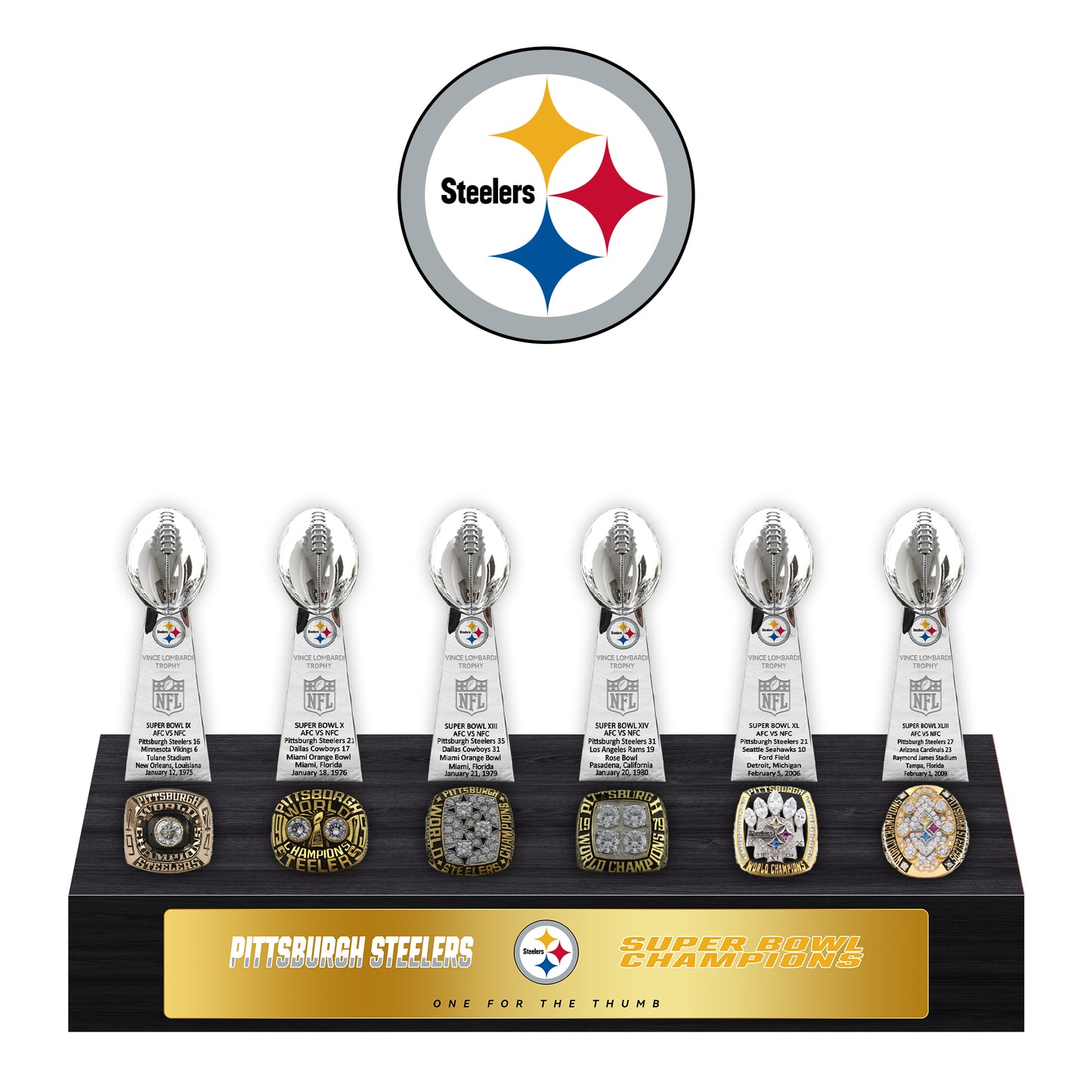 Pittsburgh Steelers Super Bowl Championship Trophy Ring Display Case