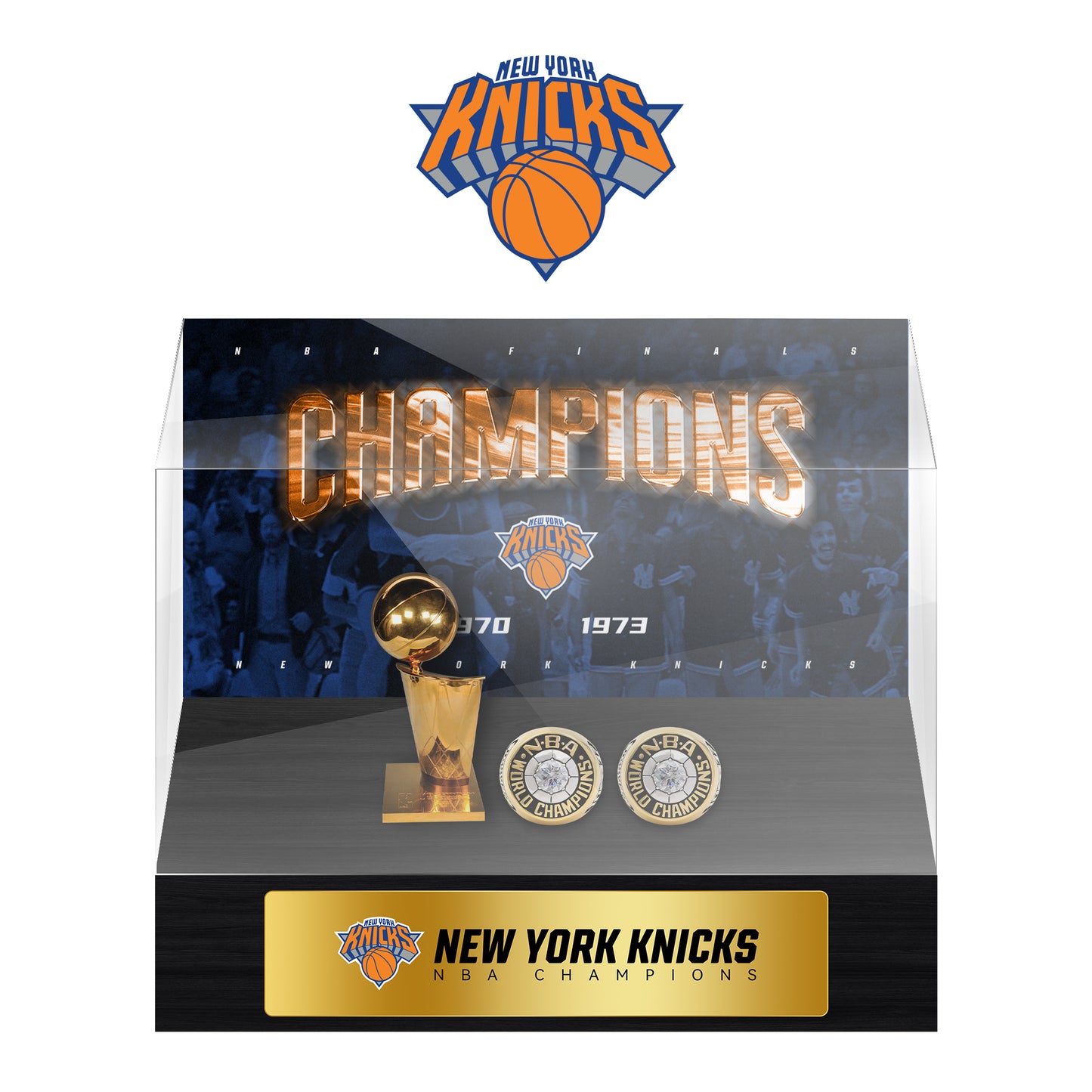 New York Knicks NBA Trophy And Ring Display Case SET