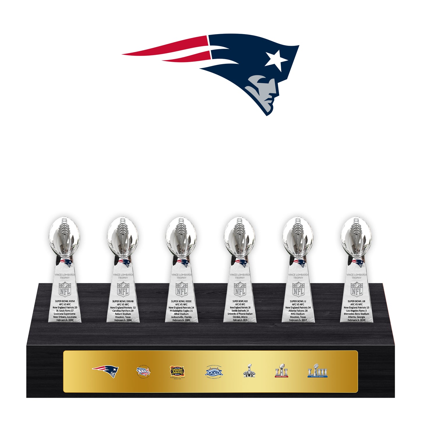 New England Patriots Super Bowl Championship Trophy Ring Display Case