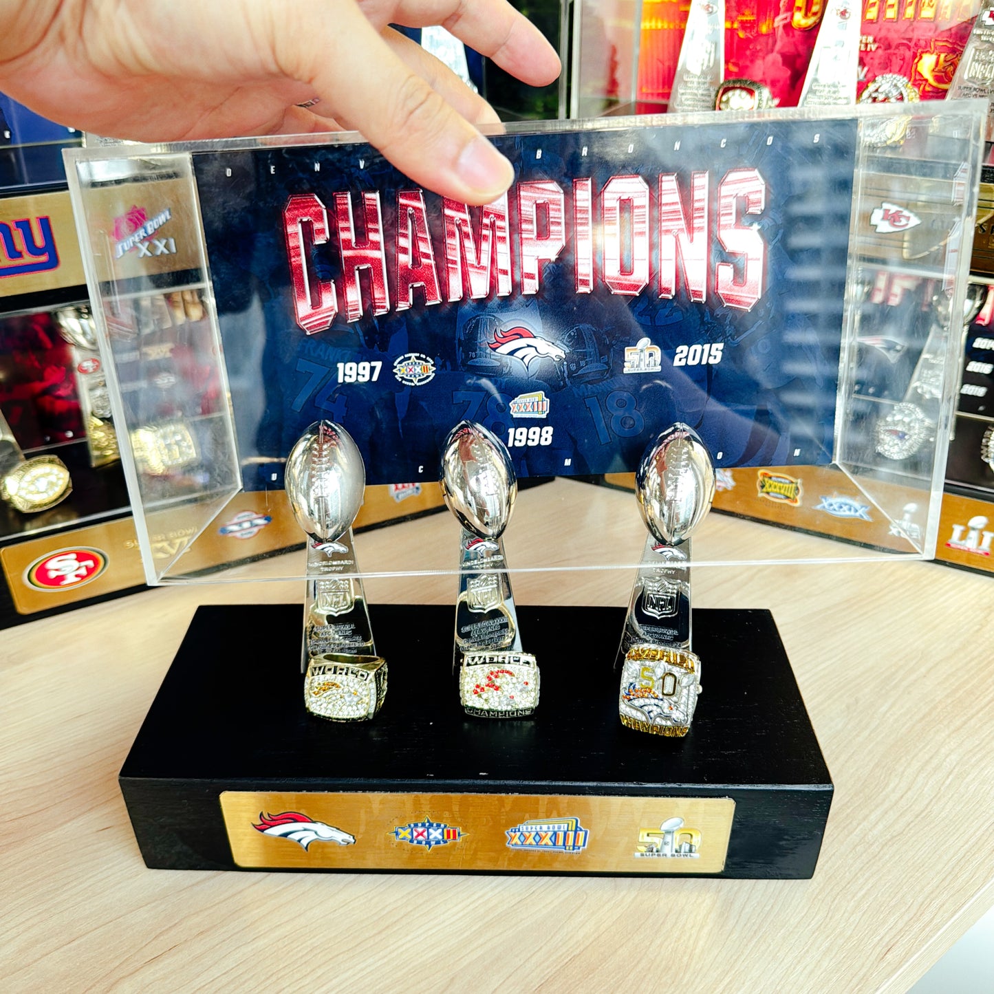 Denver Broncos Super Bowl Championship Trophy Ring Display Case