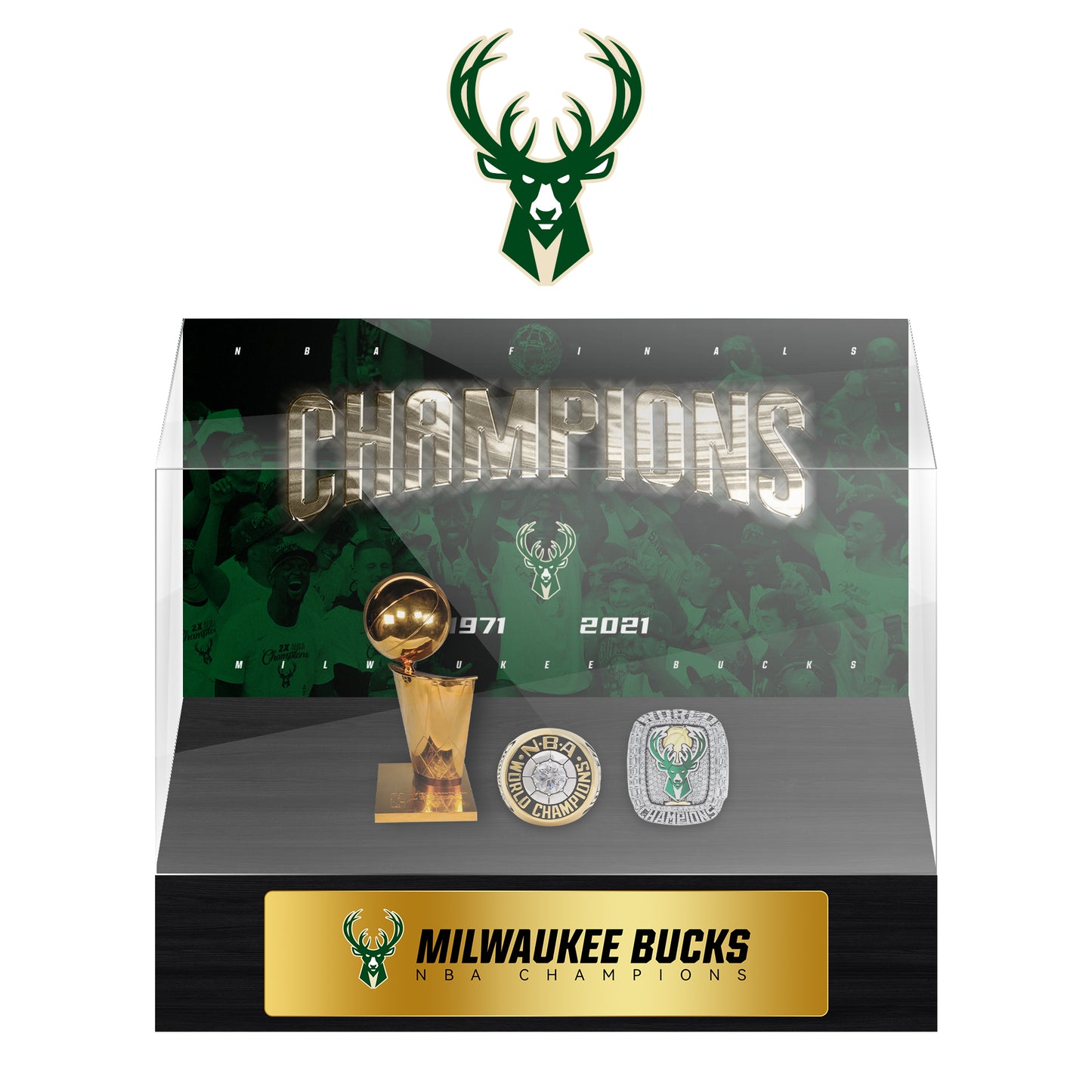 Milwaukee Bucks  NBA Trophy And Ring Display Case SET