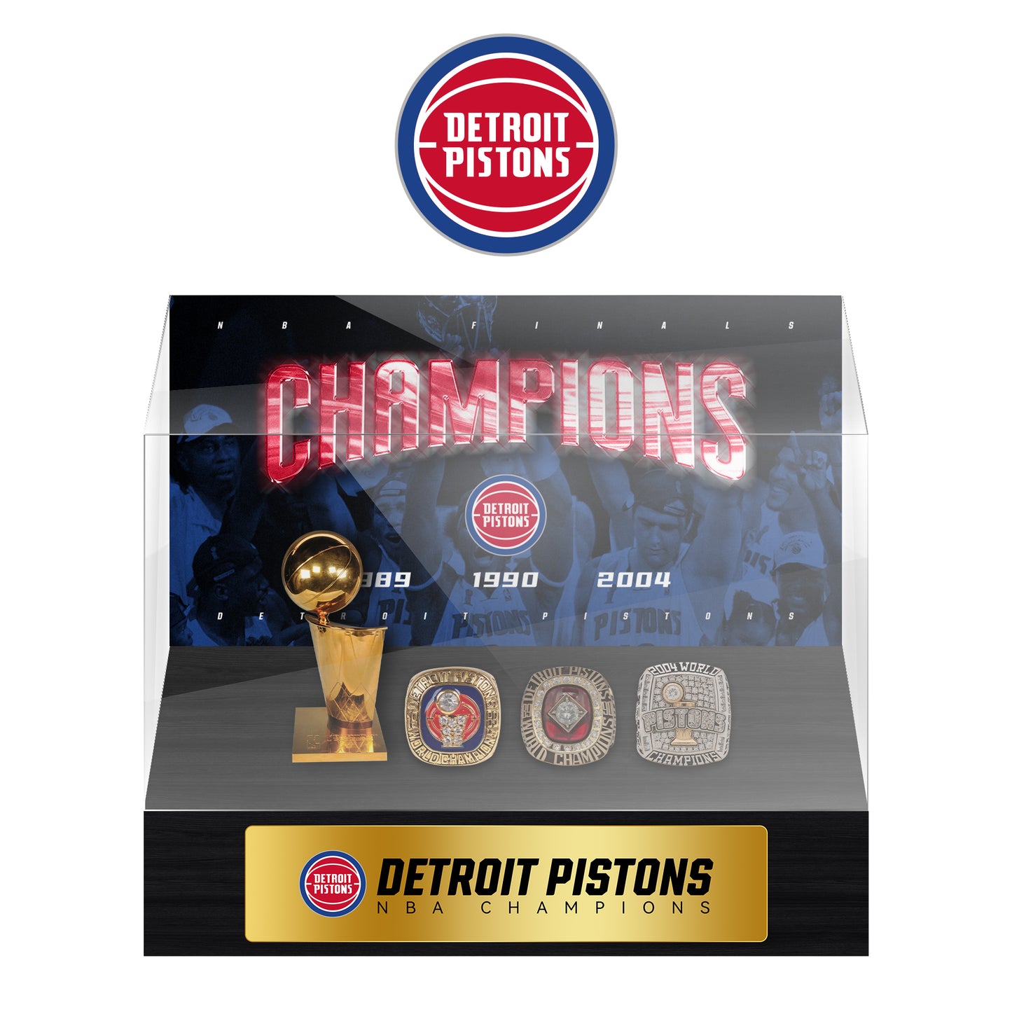 Detroit Pistons NBA Trophy And Ring Display Case SET