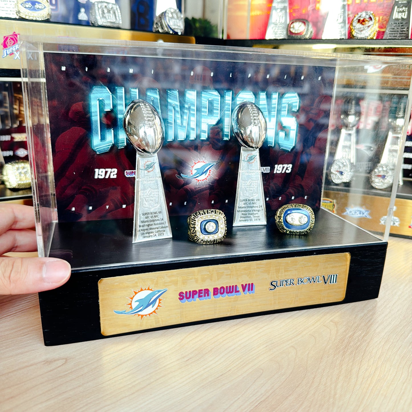 Miami Dolphins Super Bowl Championship Trophy Ring Display Case